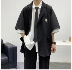 制服男全套学院风jk衬衫男女港风痞帅短袖西服套装ins班服宽松情侣装 黑色